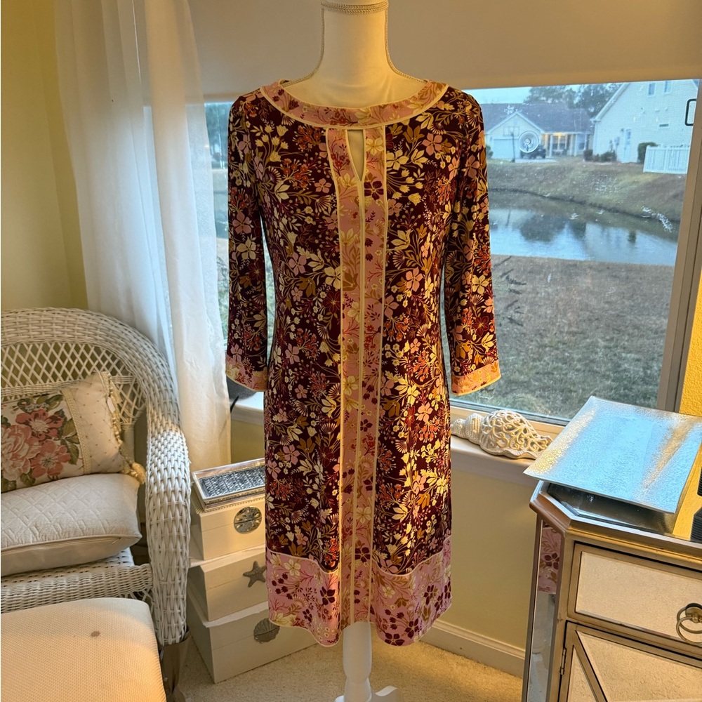 Retro boho dress floral geometric shift  dress 3/4 sleeve